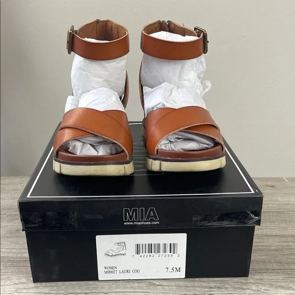 MIA Lauri Cog Wedge Sandals Brown Vegan Leather Size 7.5 Original Box - Picture 4 of 11